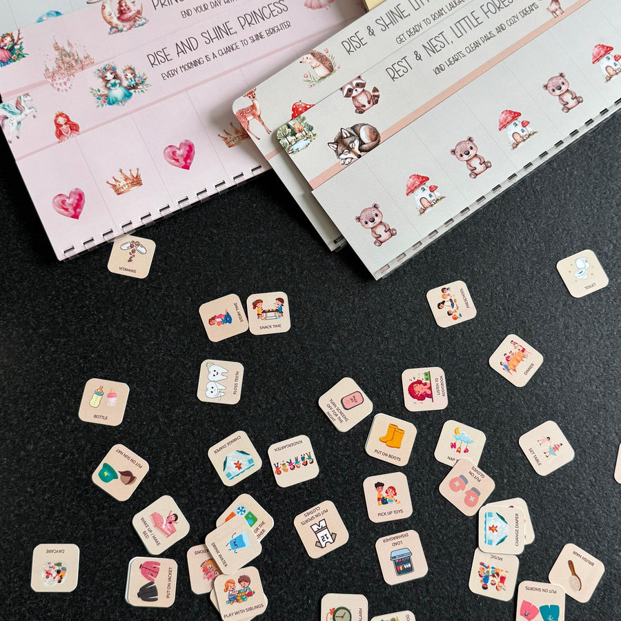 Kids’ morning and evening routine chart with visual task icons and Velcro dots for interactive use.