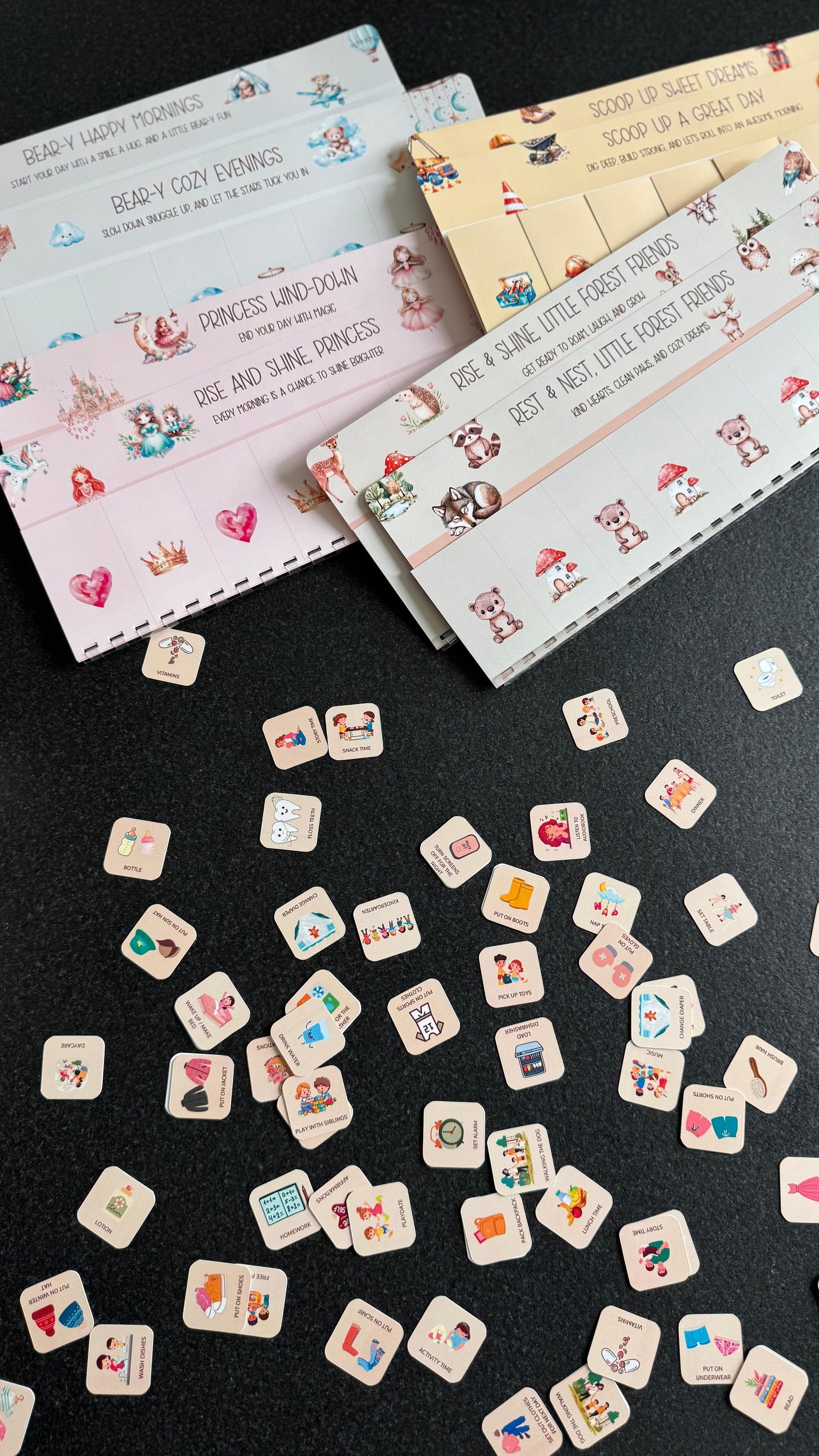 Kids’ morning and evening routine chart with visual task icons and Velcro dots for interactive use.