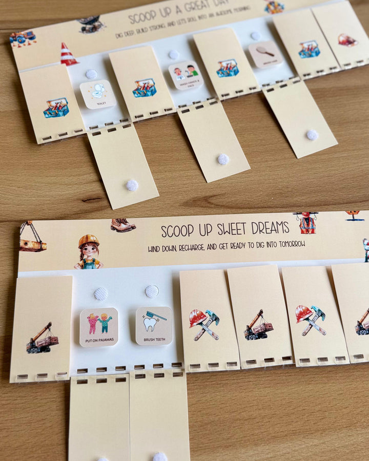 Kids’ morning and evening routine chart with visual task icons and Velcro dots for interactive use.