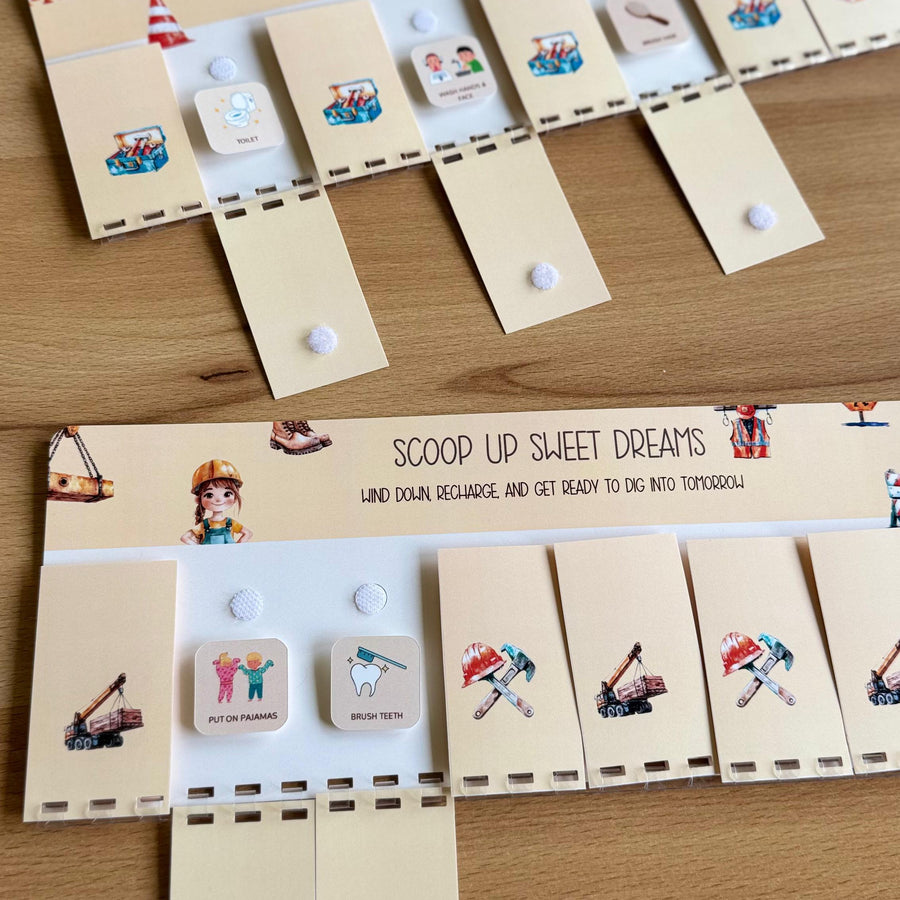 Kids’ morning and evening routine chart with visual task icons and Velcro dots for interactive use.