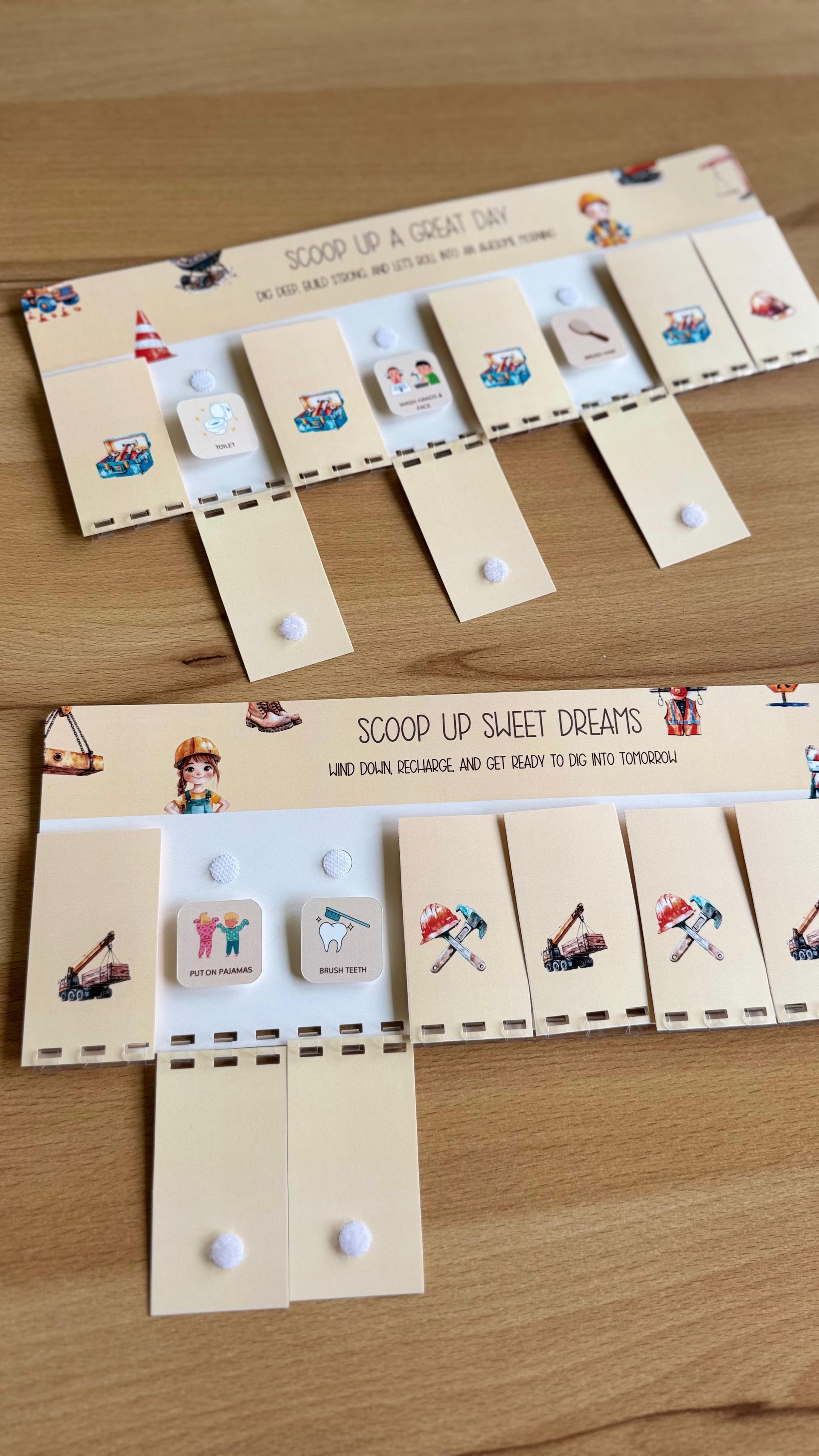 Kids’ morning and evening routine chart with visual task icons and Velcro dots for interactive use.