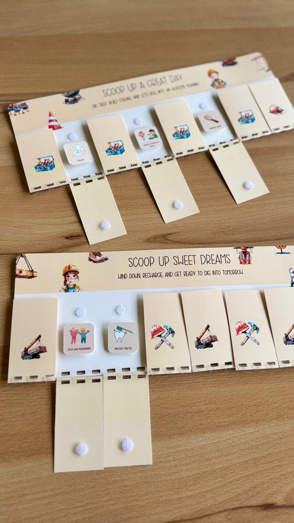Kids’ morning and evening routine chart with visual task icons and Velcro dots for interactive use.